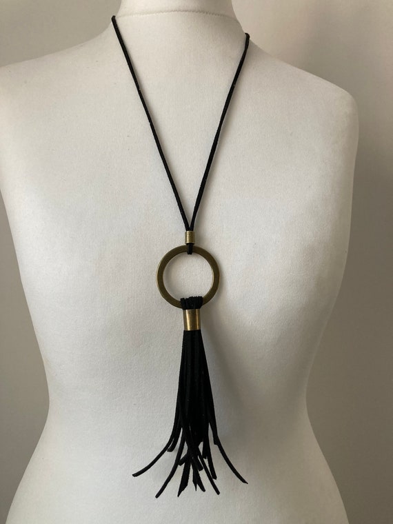 Faux Suede Tassel Necklace: Bohemian Bronze Pendant