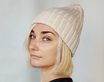 Cream Winter Women hat - Merino wool warm beanie - Basic Knitted hat