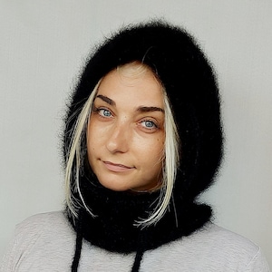 US Stock Black Knitted Women Alpaca Hood, Knit Hood, Cowl hood, Winter Hood Scarf, Fluffy hood, Balaclava for women, fluffy knit hood