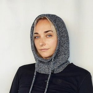 Merino Wool Knitted Women&#39;s Hood, Dark Blue & White Winter Hood, Hooded Scarf, Cowl hood, Hooded Balaclava, Multicolor knit hood