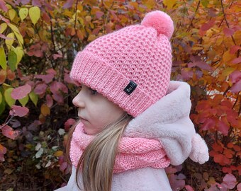 Hand Knit Fall Winter Kids Hat and Scarf Set - Toddler Girls Pompom Beanie and Infinity Scarf - Toddler Boys Wool Pompom Beanie Snood Set