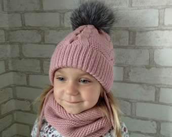 Hand Knit Luxury Winter Hat Scarf Set for Kids, Toddler Girls Merino Wool Hat and Scarf Set, Girls Fur Pompom Hat Toddler Girl Infinity Sarf