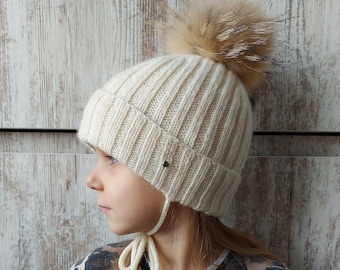 Hand Knit Kids Winter Hat, Toddlers Merino Wool Knit Hat, Fur Pompon Baby Hat, Boys Winter Wool Hat, Girls Winter Pompom Beanie, Kids Beanie