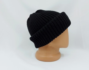 Doppelte schwarze Wintermütze, gestrickte Herrenmütze, Merinowollmütze, Herren Wintermütze