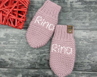 Embroidered Name Merino Wool Kids Mittens, Custom Knit Rose Girls Mittens, Personalized Warm Winter Kids Mittens, Hand Knit Toddler Mittens