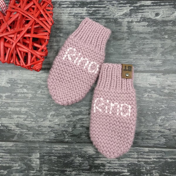 Embroidered Name Merino Wool Kids Mittens, Custom Knit Rose Girls Mittens, Personalized Warm Winter Kids Mittens, Hand Knit Toddler Mittens