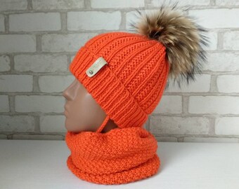 Kids Knit Winter Hat and Scarf Fur Pompom Hat Toddler Girl Winter Set Baby Girl Knit Infinity Snood Toddler Boy Winter Merino Wool Complect