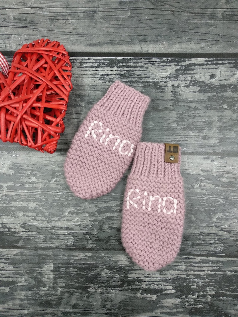 Embroidered Name Merino Wool Kids Mittens, Custom Knit Rose Girls