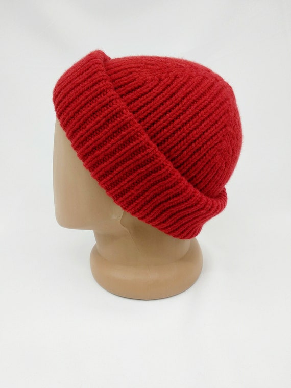 Scarlet Red Knit Mens Hat, Warm Winter Docker Hat, Boys
