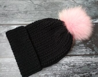 Toddler Girls Merino wool hat with Pink Fur Pompon, Winter hat, Hand Knit Warm Hat for Baby, Girls Winter Beanie, Baby Girl Knit Beanie