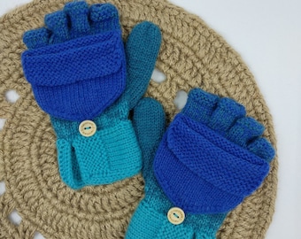 Multicolor Childrens Flip Top Open Finger Gloves/mittens, Merino Wool Knit Half Finger Mittens, Warm Winter Kids Mittens, Custom knit mitten