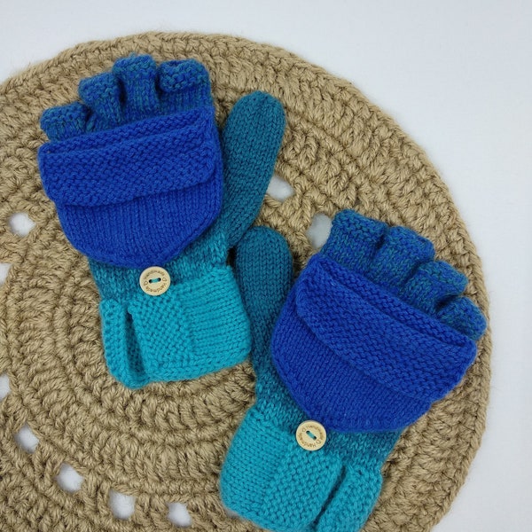 Multicolor Childrens Flip Top Open Finger Gloves/mittens, Merino Wool Knit Half Finger Mittens, Warm Winter Kids Mittens, Custom knit mitten