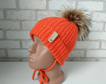 Kids Knit Winter Hat, Toddler Girl Winter Hat, Knitted Girls Winter Hat, Fur Pompon Baby Girl Hat, Bright Baby Boy Merino Wool Hat