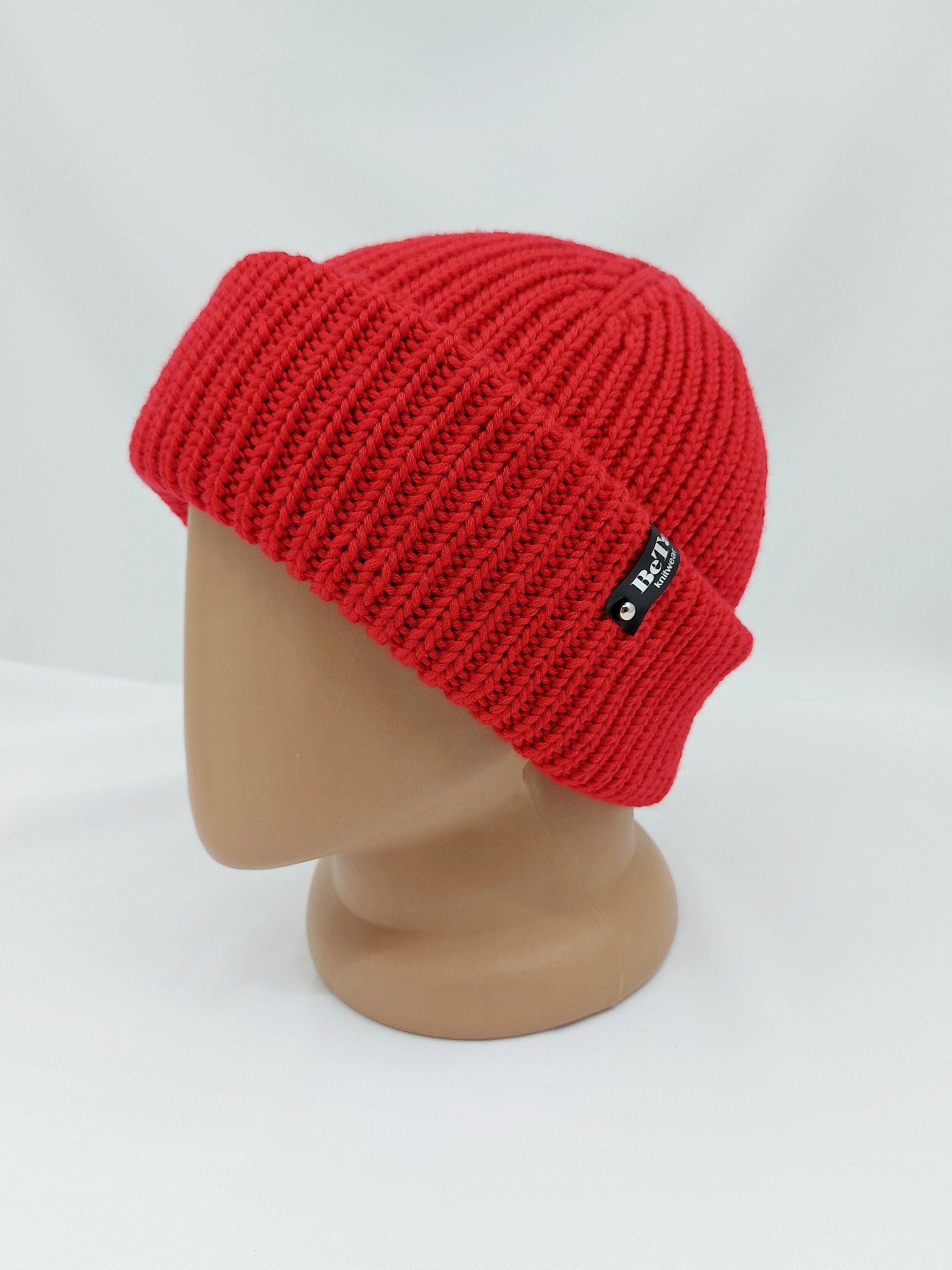 Men's Red Beanie Hat, Double Cuffed Knit Mens Beanie, Merino Wool