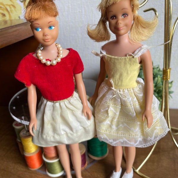 Vintage Skipper and Skooter Dolls - Silk N Fancy Dress - Flower Girl - Mattel 1960s
