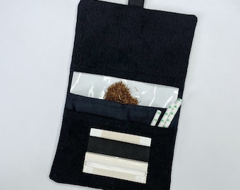 Pochette à tabac faite main en velours côtelé noir | Rangement de couverture de tabac à rouler