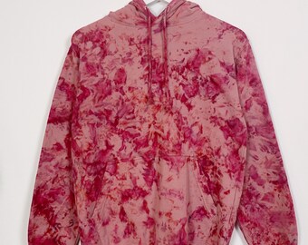 S | Ice Dye Crushed Raspberry Hand Dyed Red Pink Pullover Hoodie