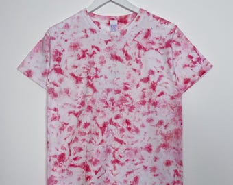 Ice Dye T-Shirt: Hand Dyed Pink Cotton Top (Size S)
