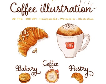 Watercolor Coffee & Pastry Clipart | Cafe Art Illustrations (Digital Download)