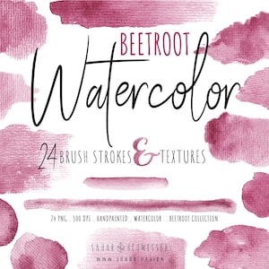 Puede incluir: 24 pinceladas de acuarela y texturas en tonos rosados, etiquetadas como "Beetroot Watercolor".