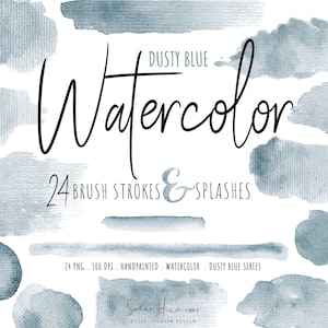 Dusty Blue Watercolor Brush Stroke Clipart｜24 Transparent PNG