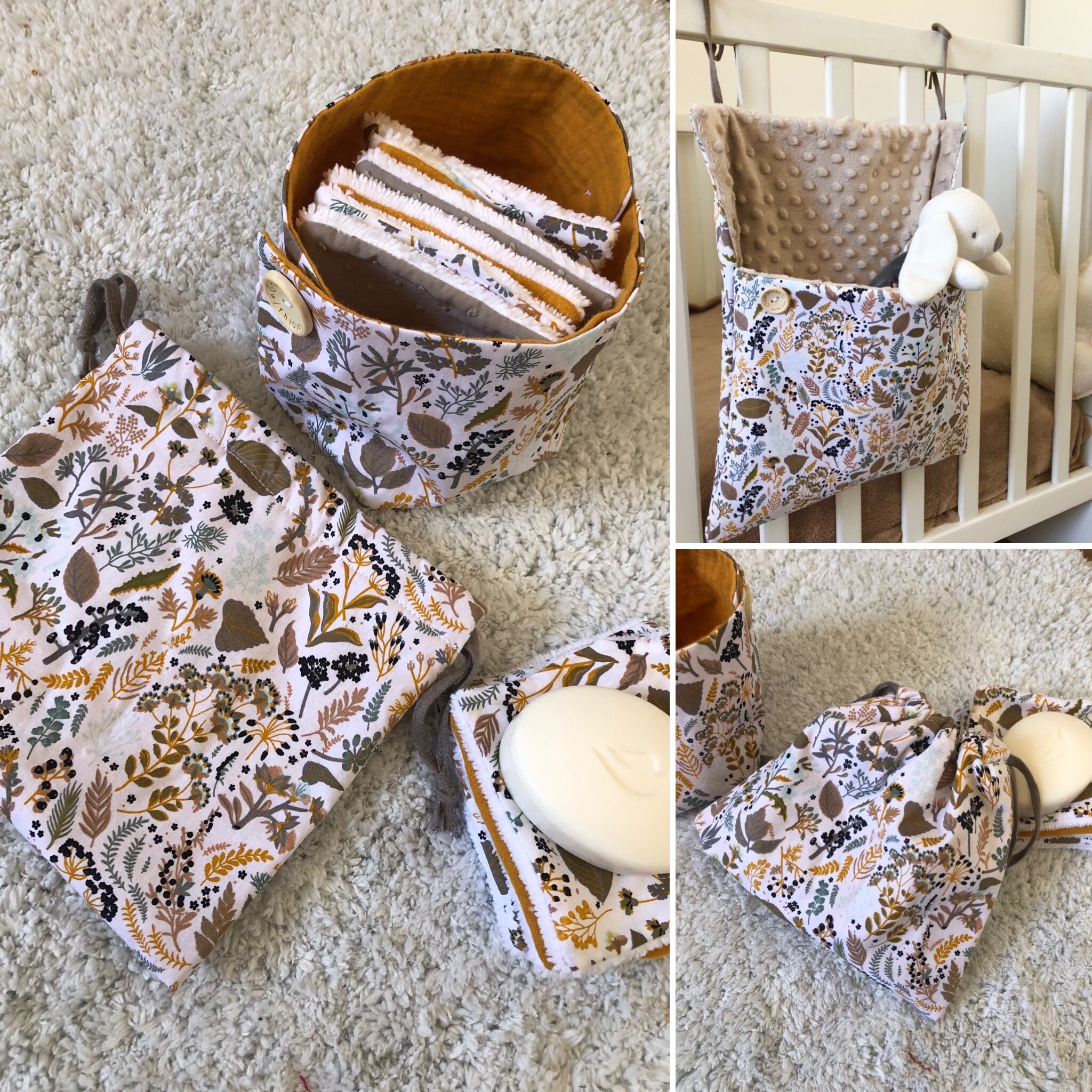 Accessoires Chambre Enfant Nature/Range Pyjama Doudou Panière et Lingettes Lavables Sac à Vrac Range