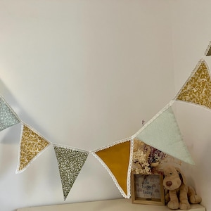 Boho pennant garland gradient khaki green yellow water green bird and flower garland boho garland baby child room decoration