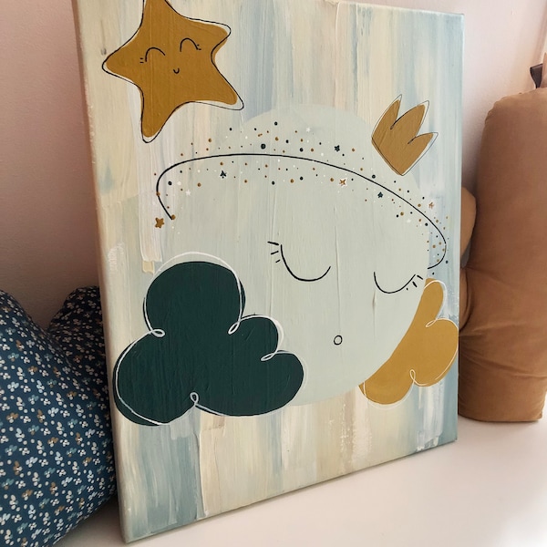 Tableau cadre décoratif pour chambre bébé enfant motif lune nuages étoiles vert d’eau vert canard jaune moutarde