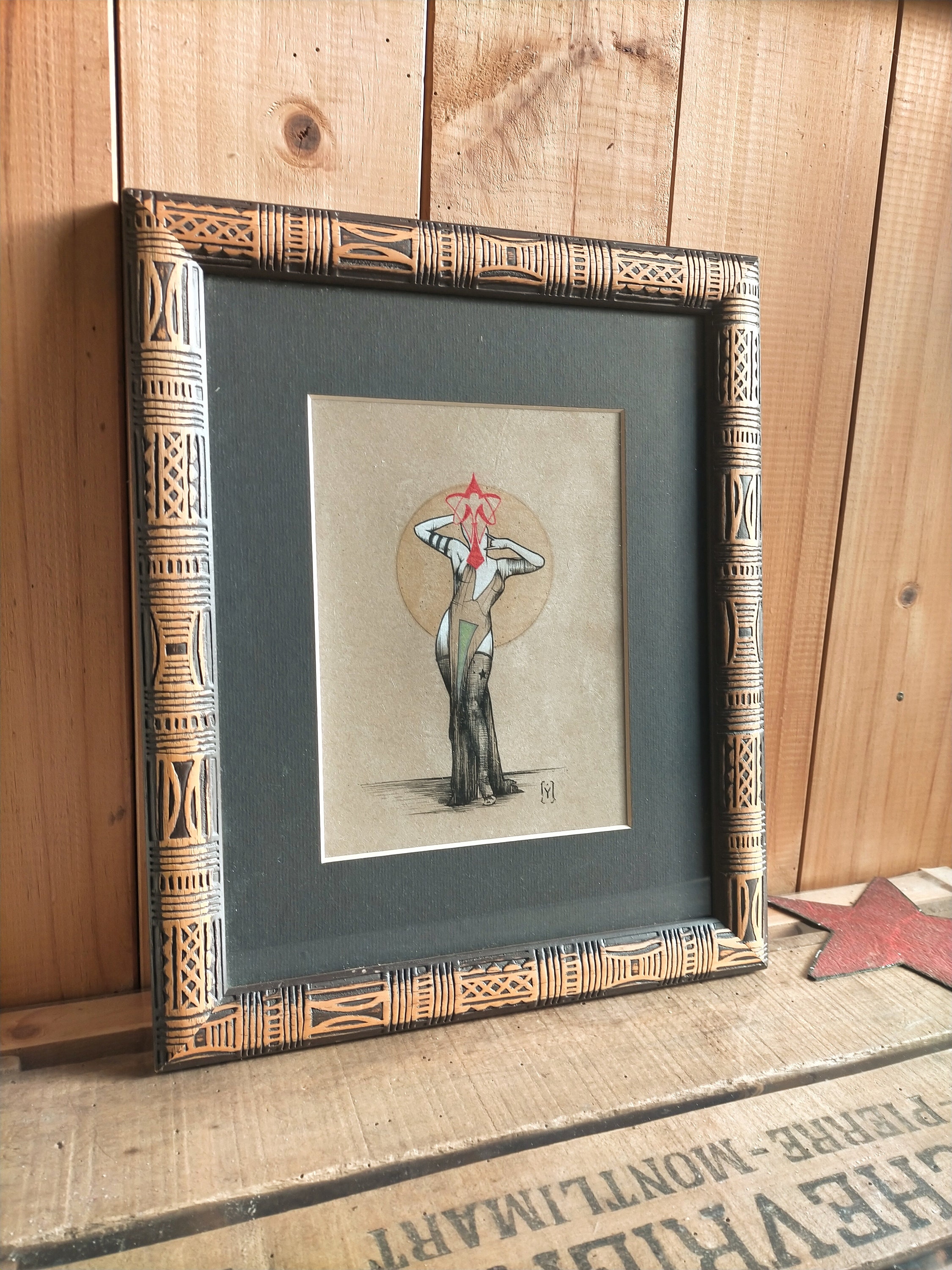 Unique Illustration Pin Up Art Inspiration Collage Grey Brown Paper With Frame L'oeil Doré