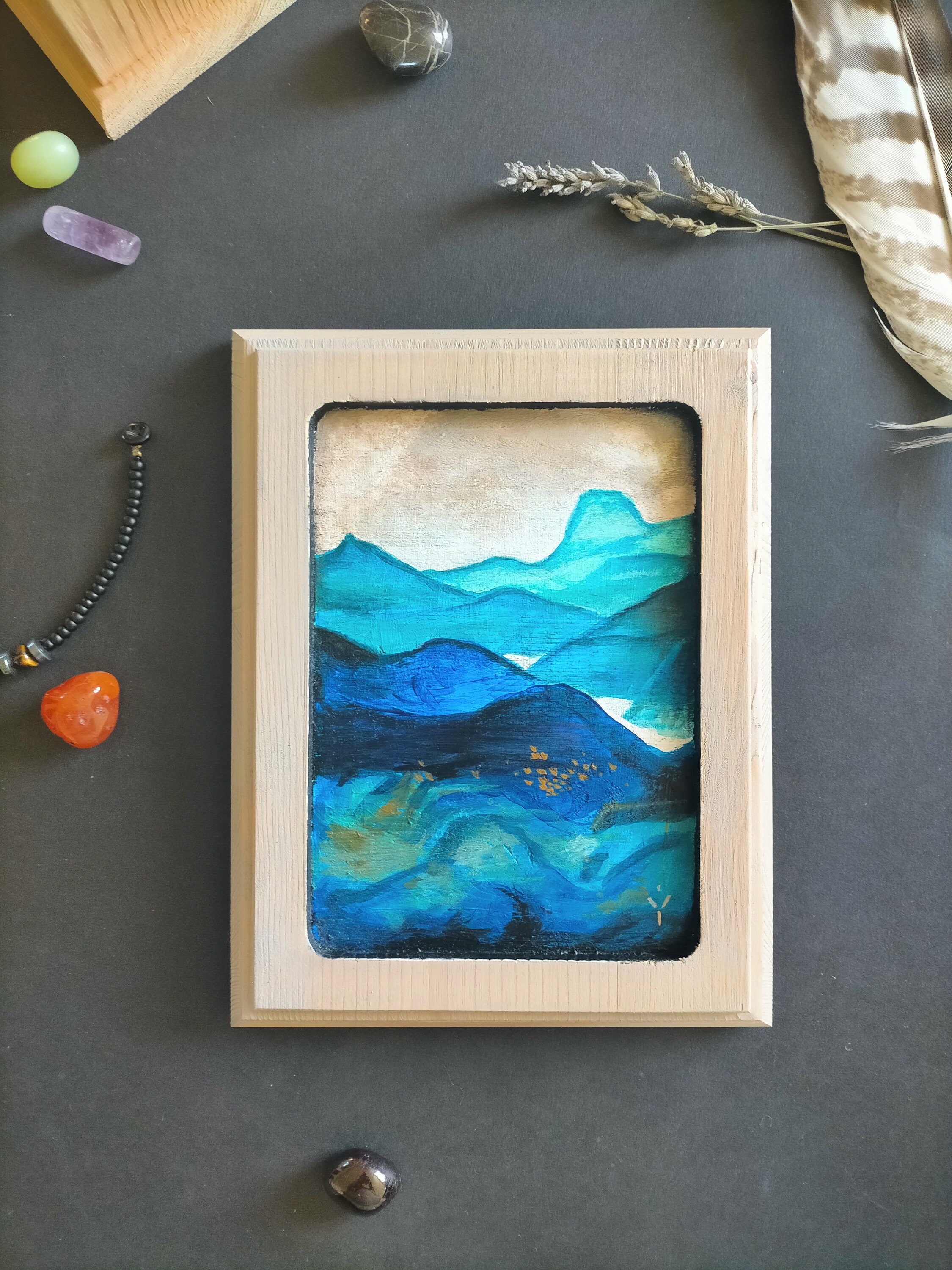 Unique Painting On Wood Blue Mountains