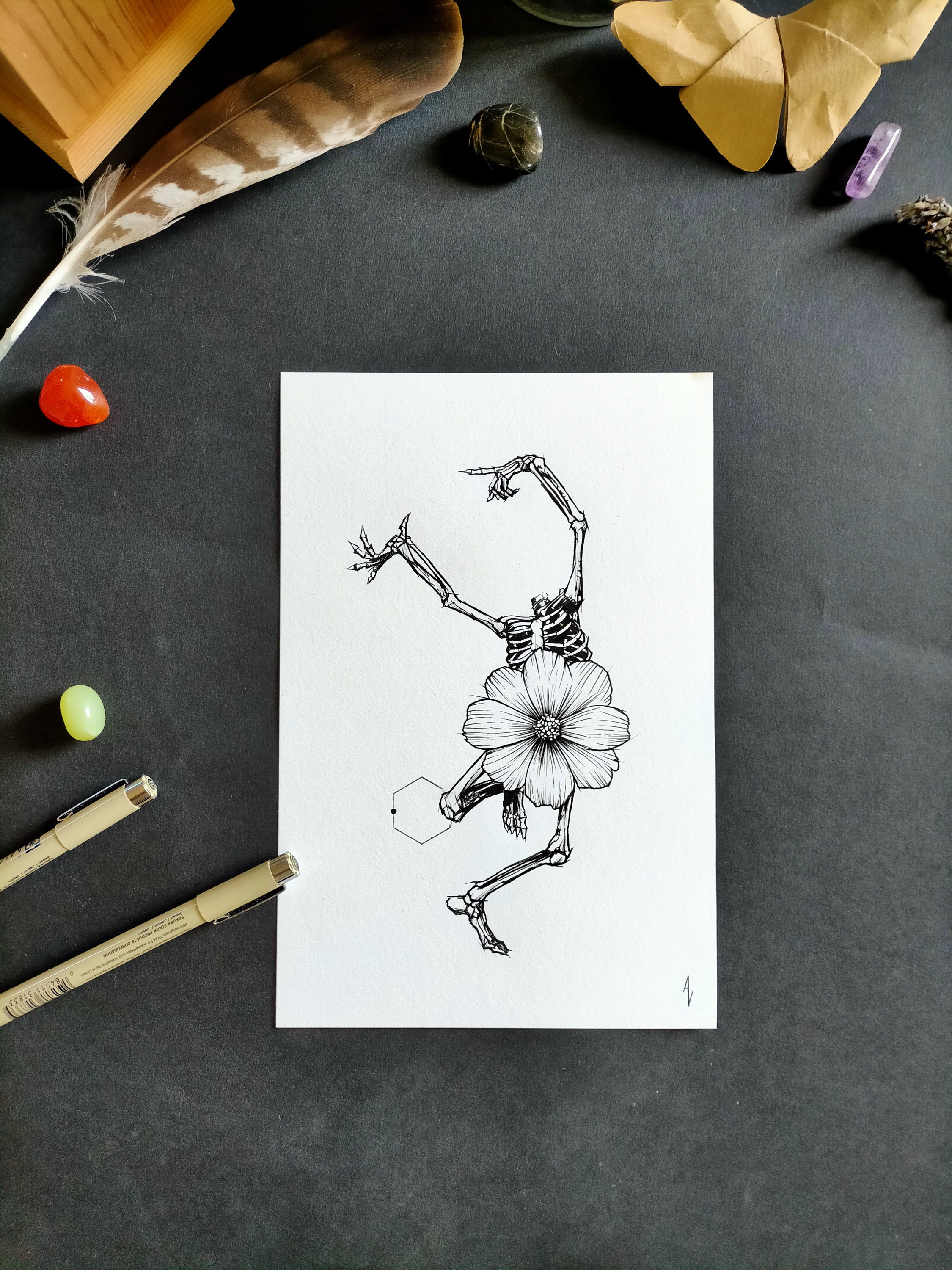 Original Illustration Drawing Skeleton Dance