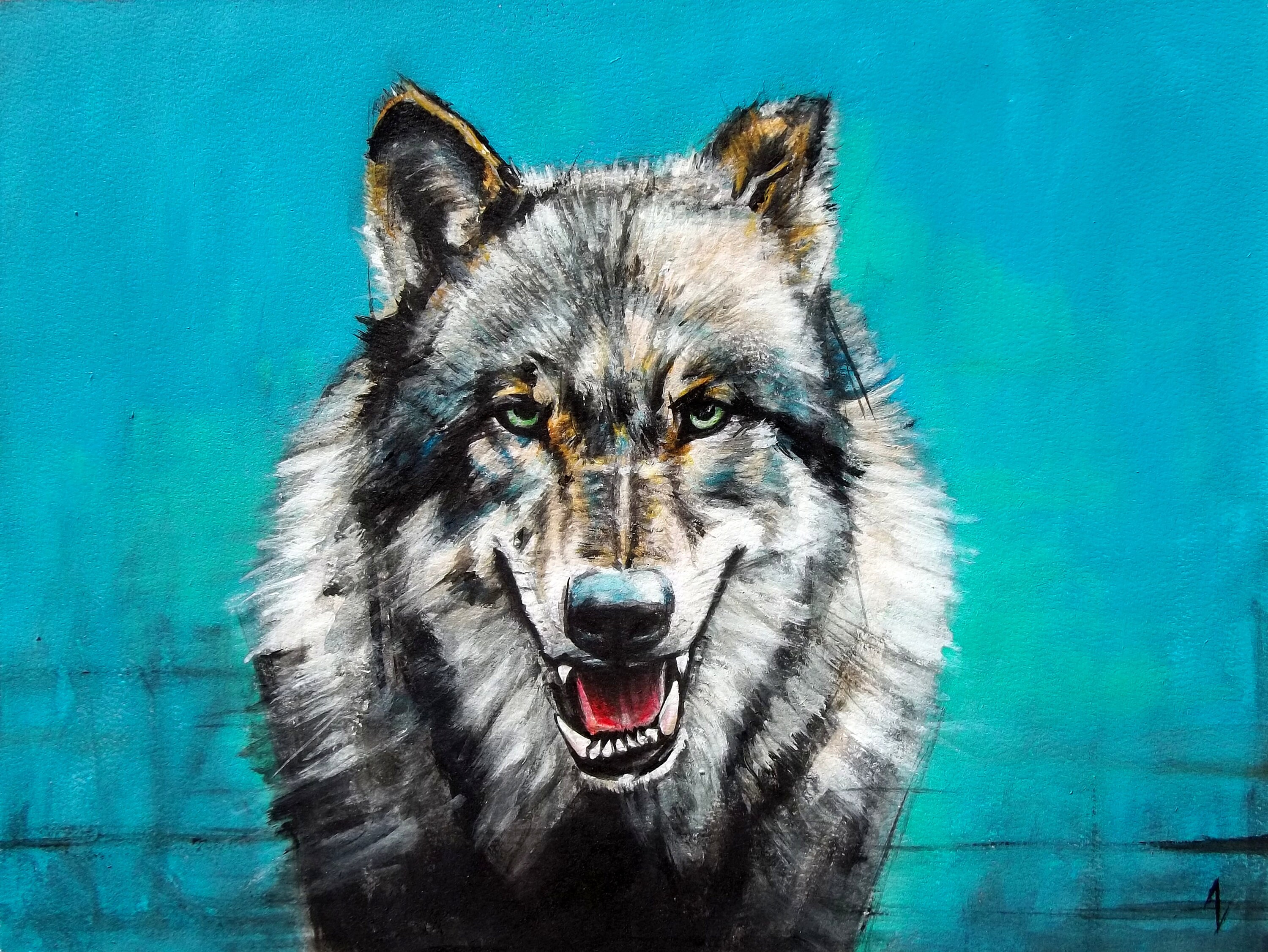 Unique Painting On Paper Wolf
