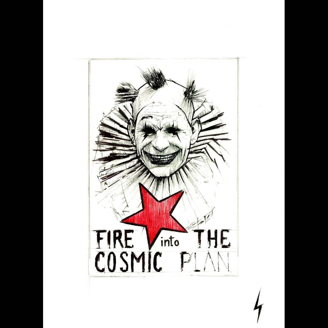 Original Illustration Fire Into The Cosmic Plan Black & White Red