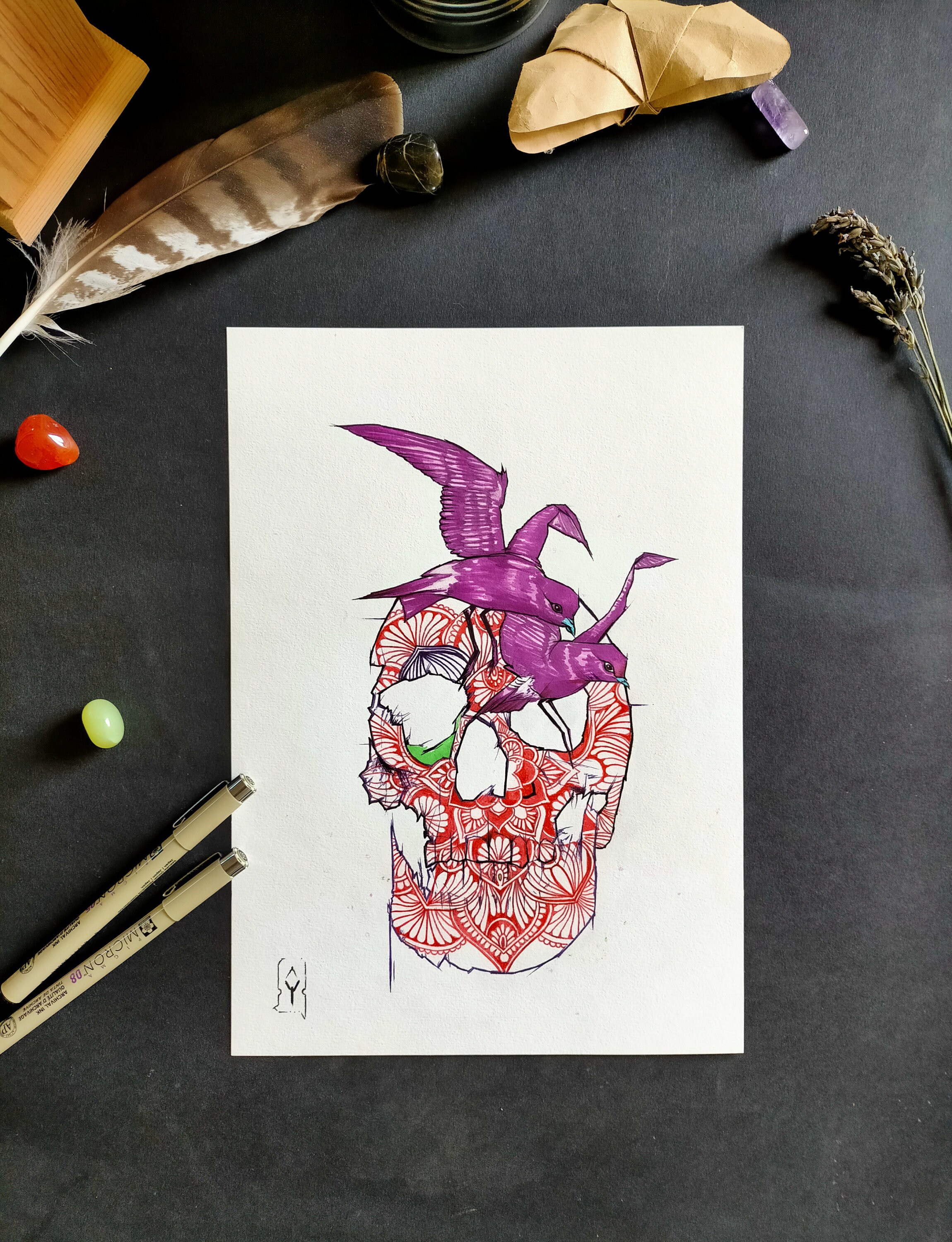 Illustration Original Drawing Skull Birds