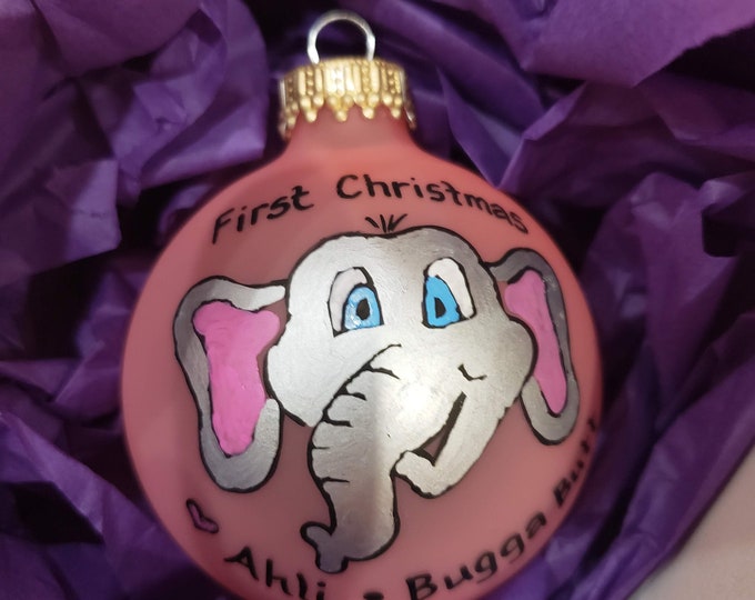 Customized Christmas Bulbs - Name, Character, Special Font - Custom Ornaments - Elephant - Babys First Christmas