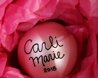 Custom Name Christmas Ornament – Hand-Painted Light Pink Glass Bulb