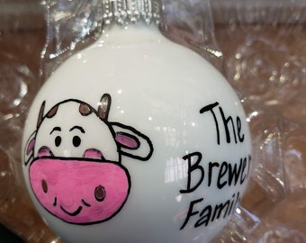 Customized Christmas Bulbs - Name, Character, Special Font - Custom Ornaments - White  - Cow, Farmer Ornament