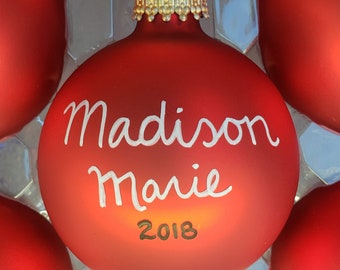 Customized Christmas Bulbs - Name, Character - Custom Ornaments - Cheery Red - Semi-Cursive - Anniversary or Holiday Bulb