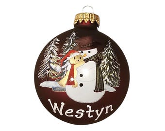 Custom Christmas Ornament: Hand-Painted Name, Snowman & Teddy Bear