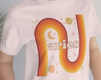 Widder Sternzeichen - Warm Double Rainbow Unisex Jersey Kurzärmeliges T-Shirt | 70er Horoskop Widder