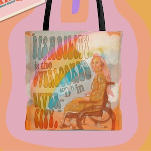 May include: A tote bag with black handles and a design that reads "DISABILITY is the OVERLOOKED RIVER in SOCIETY." A sticker with the text "Dear Darling" and a rainbow design is also visible. The background has a retro, wavy pattern.