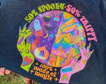 50% spookachtig 50 trippy 100 gemaakt van magie uniseks T-shirt met korte mouwen | shirt met kristallen bol | Halloween-shirt | Emo hippieshirt | hippieheks