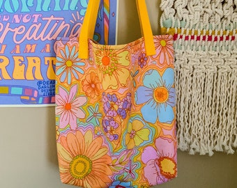 Flower Power Pastel Tote bag | Floral Print Tote Bag | 70s Floral Pattern | 70s psychedelic pattern | 70s Flowers Bag | Reusable Tote