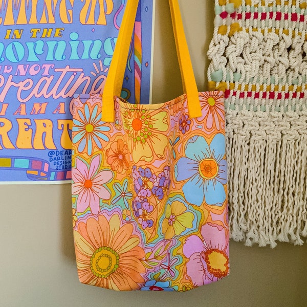 Flower Power Pastel Tote bag | Floral Print Tote Bag | 70s Floral Pattern | 70s psychedelic pattern | 70s Flowers Bag | Reusable Tote