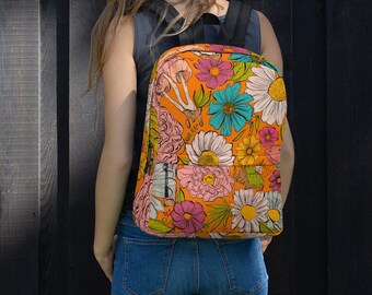 Hippie Floral Backpack: Groovy Orange Flower Print, Black  display picture 3