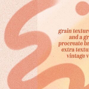 Puede incluir: Una ilustraci&oacute;n digital de un fondo texturizado con un esquema de color rosa y naranja. El fondo presenta una l&iacute;nea ondulada y varios c&iacute;rculos. El texto "grain texture layers and a grain procreate brush for extra texture and vintage vibes" est&aacute; escrito en blanco en el lado derecho de la imagen.