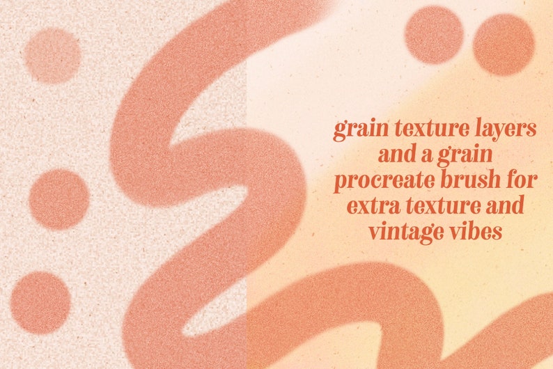 Puede incluir: Una ilustraci&oacute;n digital de un fondo texturizado con un esquema de color rosa y naranja. El fondo presenta una l&iacute;nea ondulada y varios c&iacute;rculos. El texto "grain texture layers and a grain procreate brush for extra texture and vintage vibes" est&aacute; escrito en blanco en el lado derecho de la imagen.
