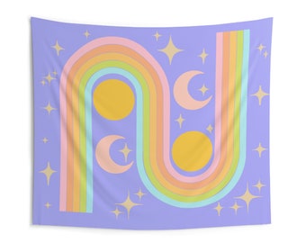70s pastel rainbow wall tapestry | 70s nursery decor | 70s space decor | 70s room decor | rainbow baby nursery decor |