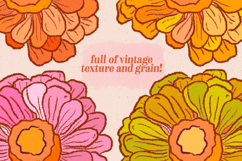 Puede incluir: Cuatro ilustraciones estilizadas de flores con una textura y un grano vintage. Las flores son en tonos naranja, rosa, amarillo y verde.