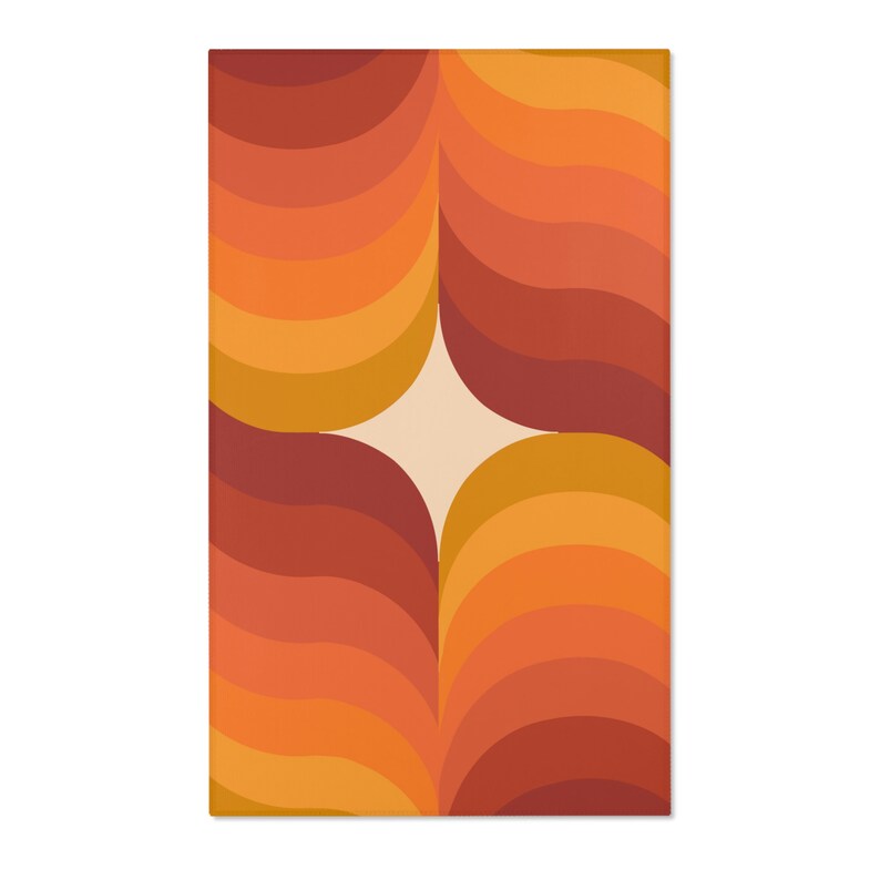 70s boho star and wave area rug | 70s rugs | 70s rainbow rug | 70s boho nursery decor | retro 70s rugs | orange 70s rugs | warm toned rug 36" × 60"